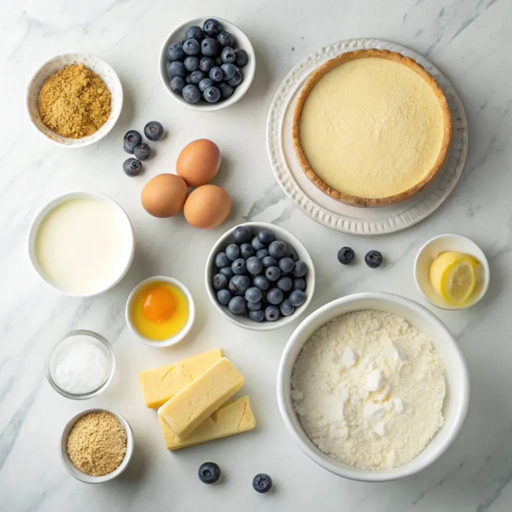 Lemon Blueberry Cheesecake Bars – Creamy & Fruity 6 Lemon Blueberry Cheesecake Bars Ingredients Flat Lay