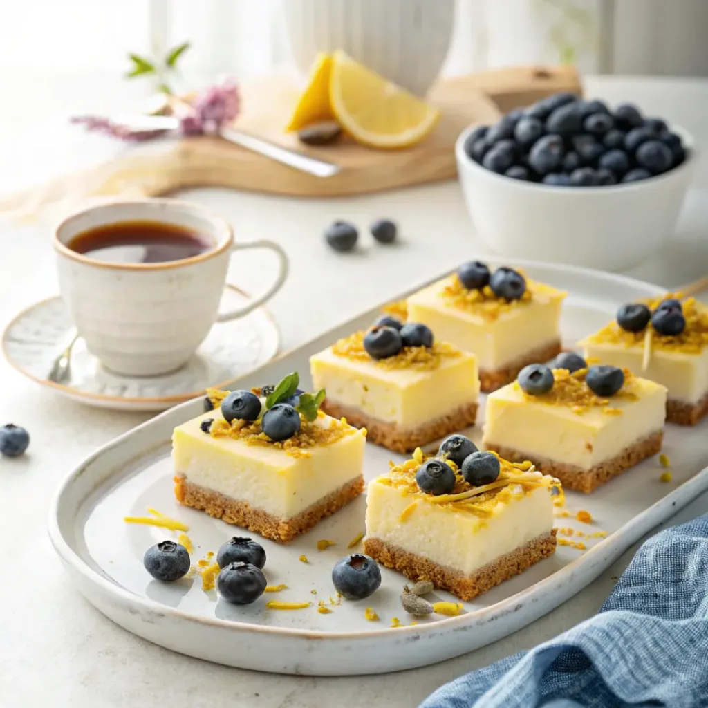 Lemon Blueberry Cheesecake Bars – Creamy & Fruity 8 Lemon blueberry cheesecake bars served on a platter with fresh blueberries and lemon zest