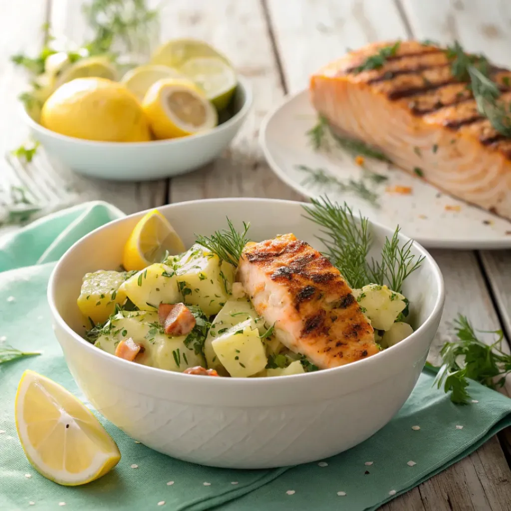 Potato salad with lemon and dill served with grilled chicken