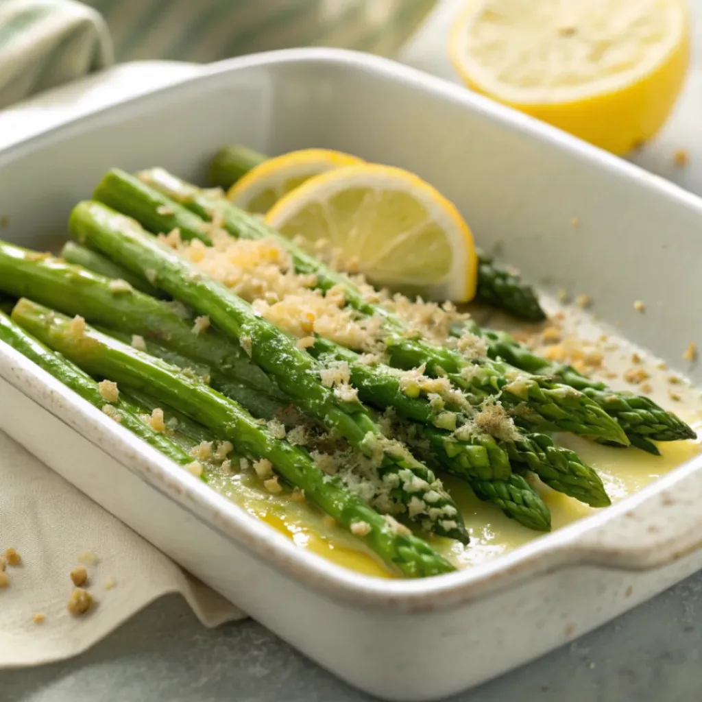 Asparagus topped with parmesan and lemon zest in a serving dish