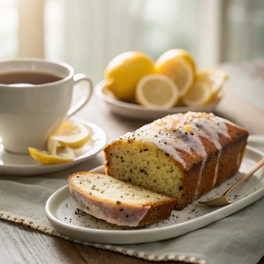 Sliced lemon poppy seed loaf served with tea and lemon slices