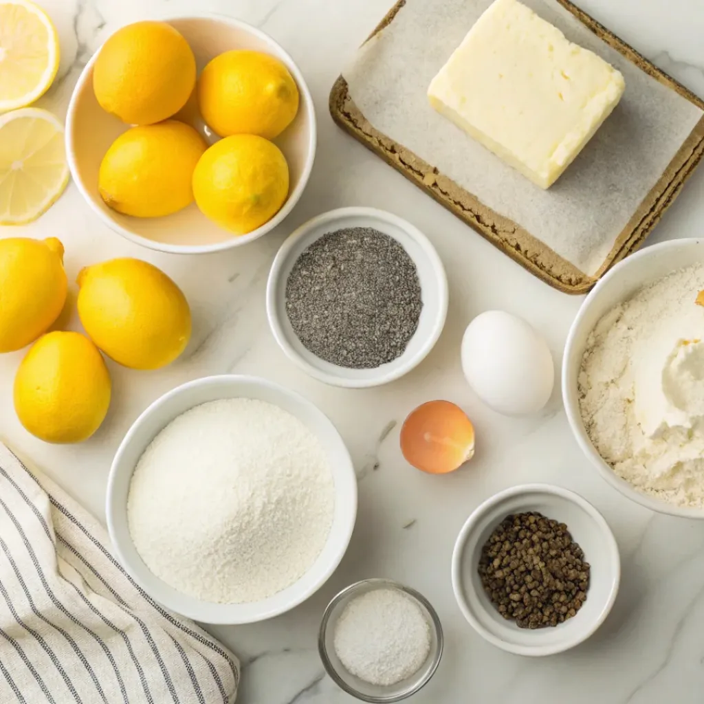 Flat lay of lemons, poppy seeds, flour, eggs, sugar, and baking ingredients