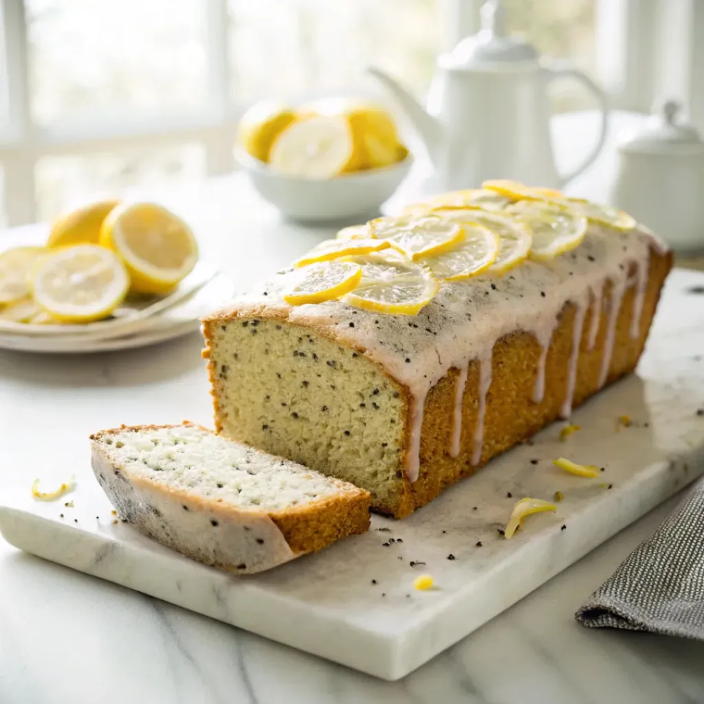 Lemon poppy seed loaf with glaze and sliced lemon on top