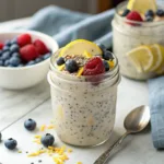 Creamy overnight oats with lemon zest and poppy seeds in a jar