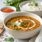 Bowl of lentil curry garnished with cilantro and coconut cream