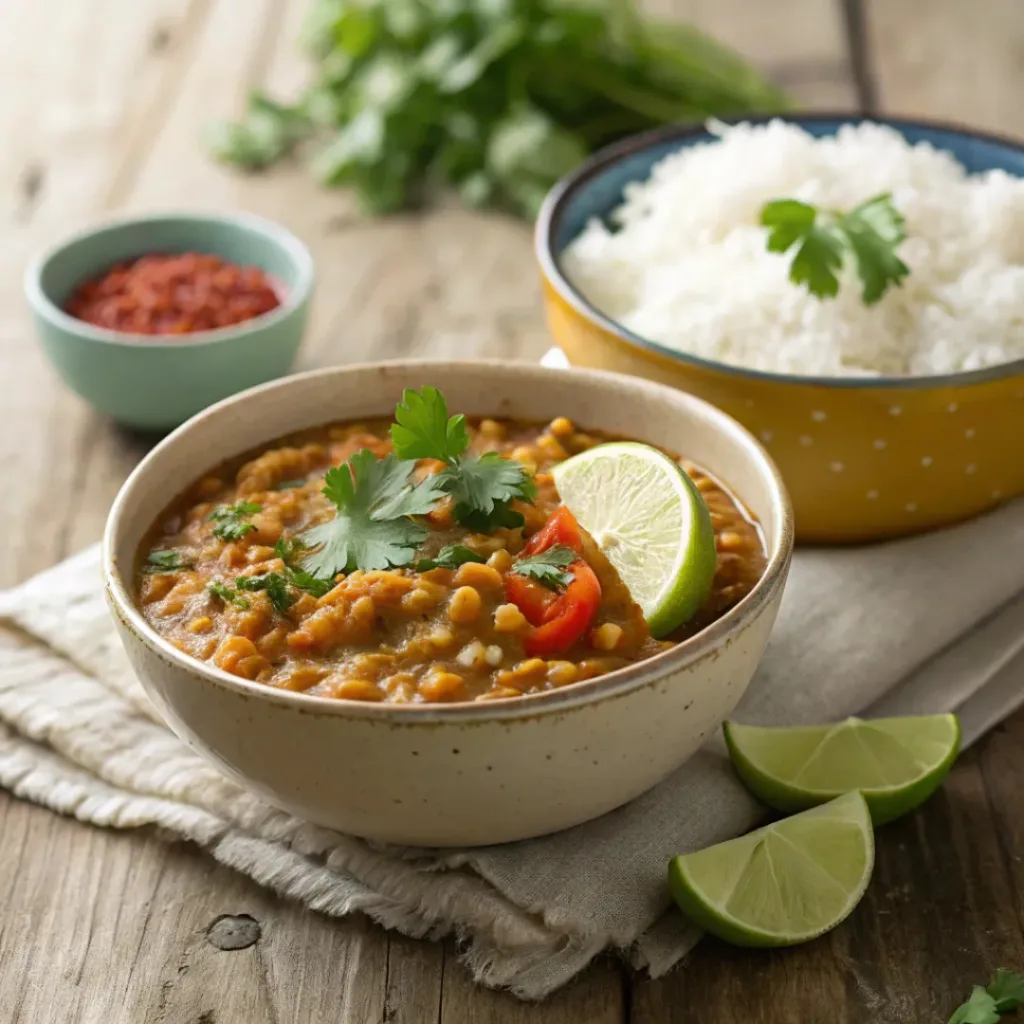 Lentil curry served with rice and garnished with cilantro and lime