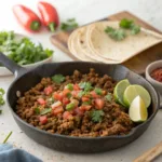 Skillet of lentil taco meat garnished with cilantro and diced tomatoes