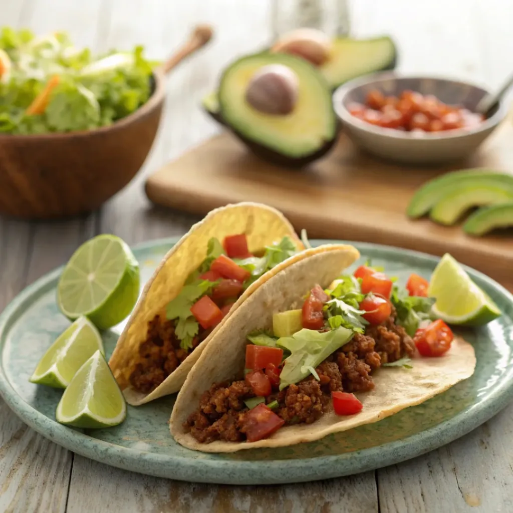 Lentil taco meat served in tortillas with lettuce, tomato, avocado, and lime