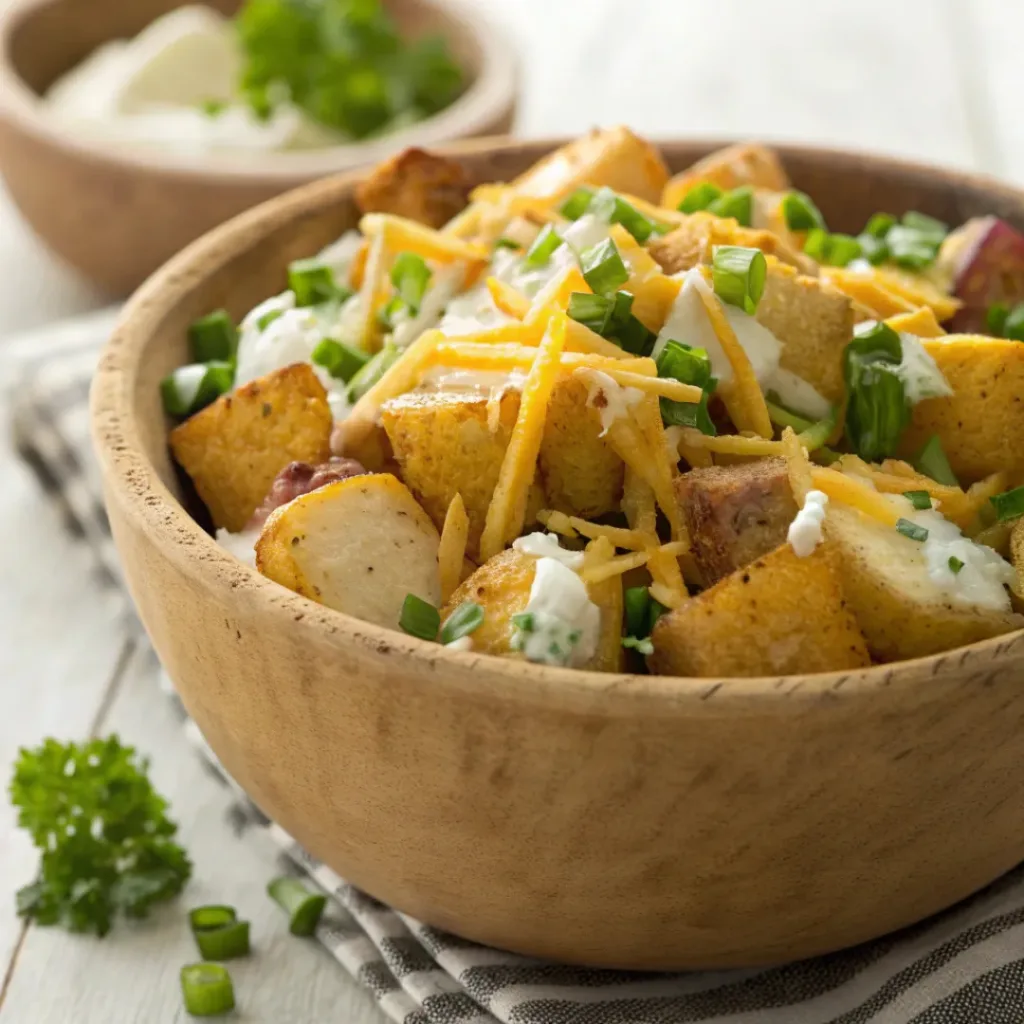 Loaded baked potato salad with cheddar, green onions, and creamy dressing served in a bowl