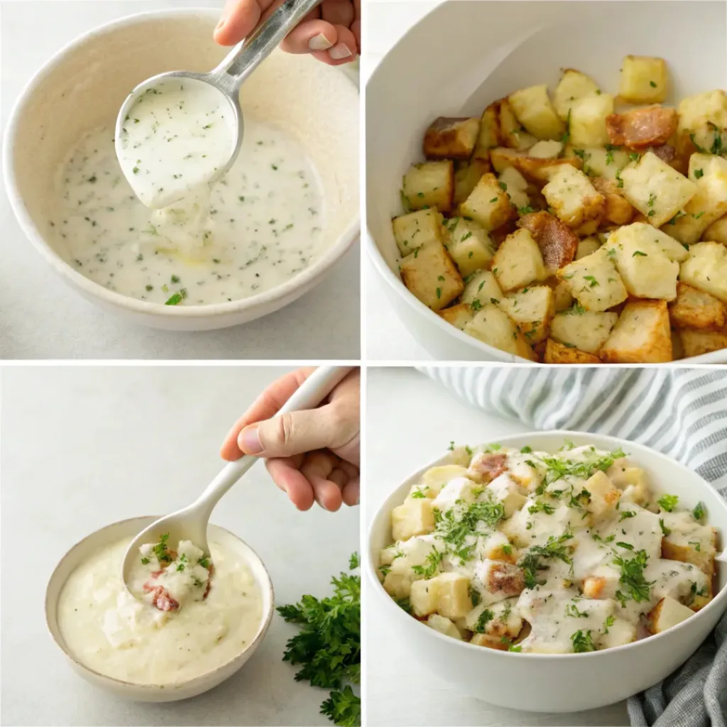 Four-panel collage showing mixing potatoes, adding toppings, folding in dressing, and serving