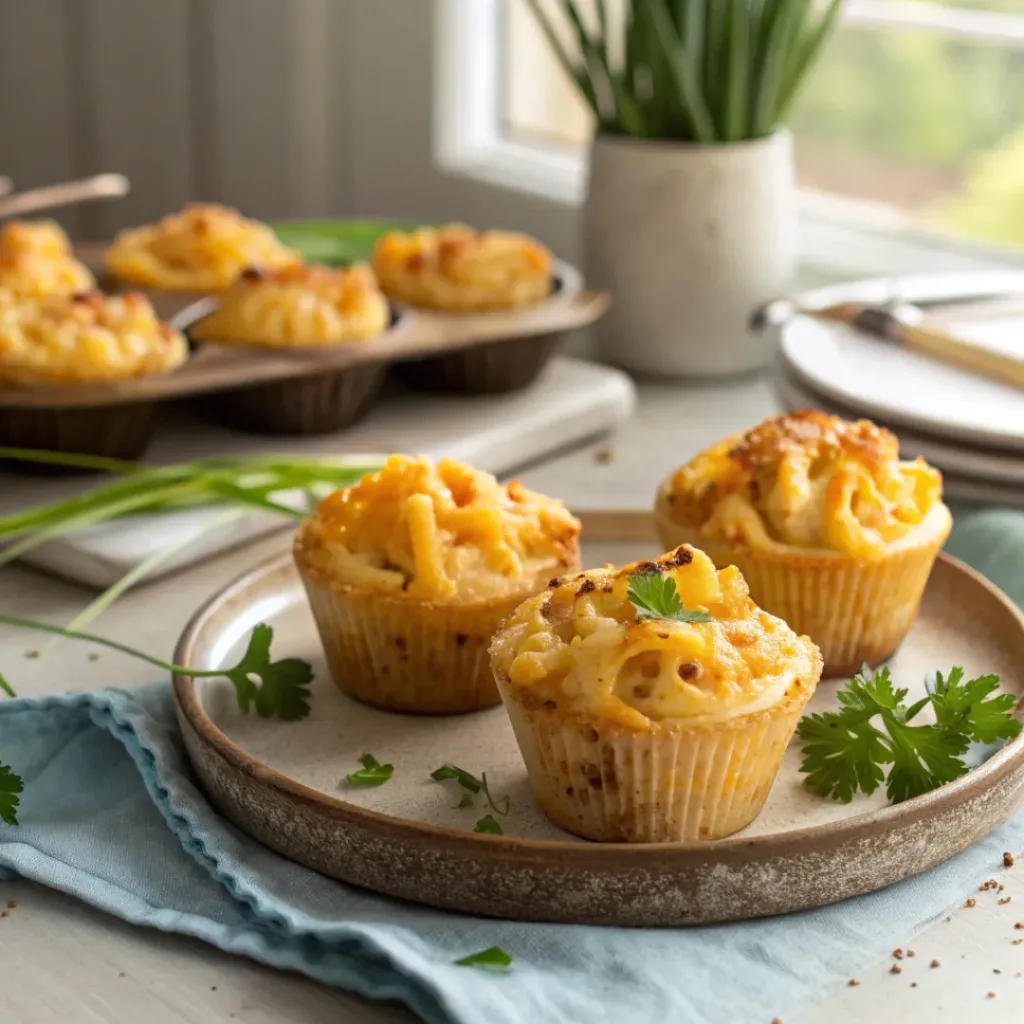 Golden-baked mac and cheese cups served in muffin tins and on a plate