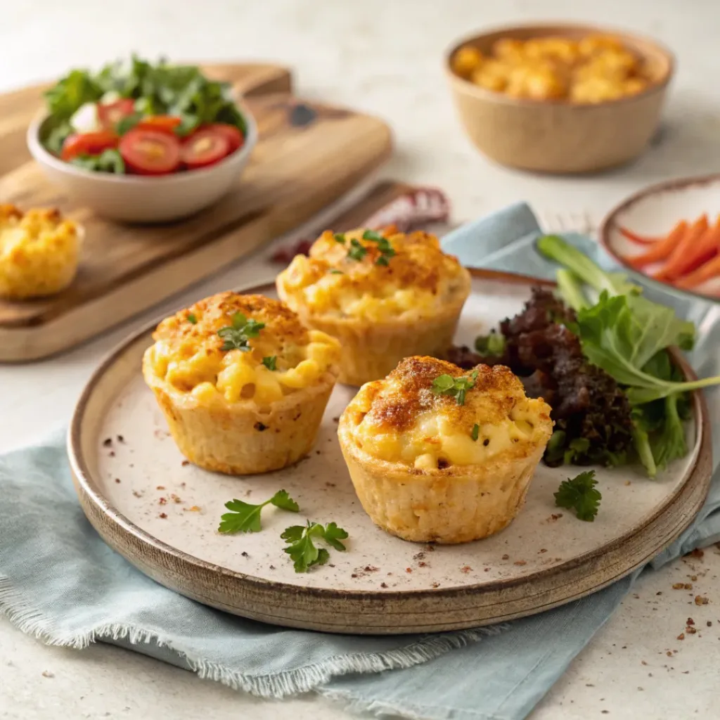 Golden-baked mac and cheese cups served on a plate with parsley garnish