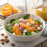 Fresh salad with mandarin orange segments, greens, almonds, and feta