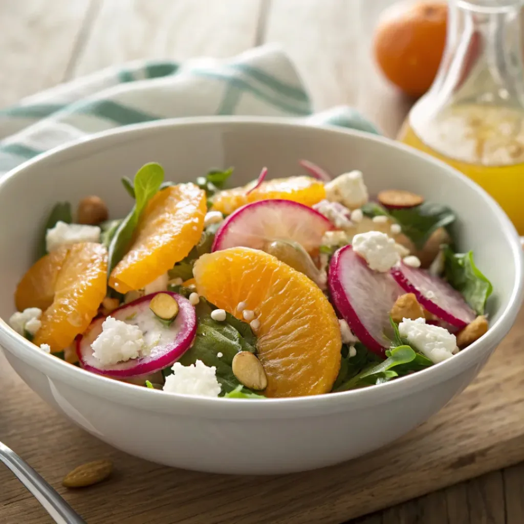 Fresh salad with mandarin segments, rainbow radishes, greens, and cheese