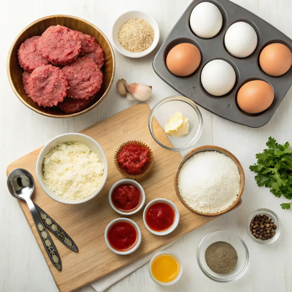 Flat lay of ground beef, potatoes, ketchup, eggs, and seasonings