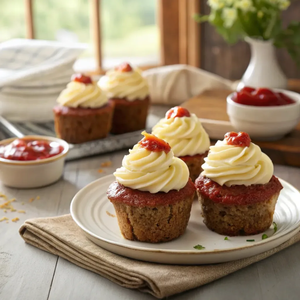 Meatloaf cupcakes topped with mashed potatoes and ketchup glaze