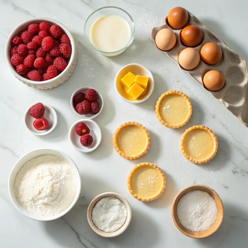 Flat lay of ingredients for mini raspberry tarts including raspberries, flour, eggs, sugar, and cream