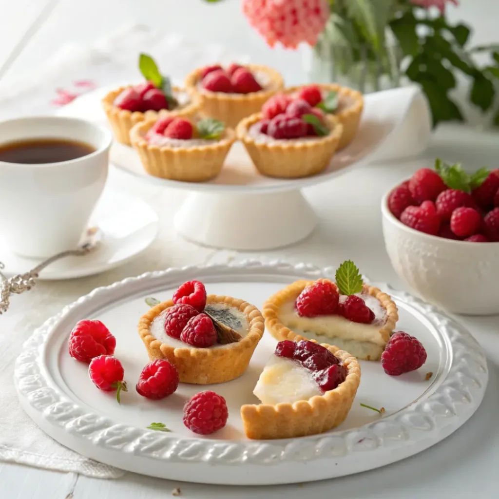 Mini raspberry tarts served on a platter with tea or coffee
