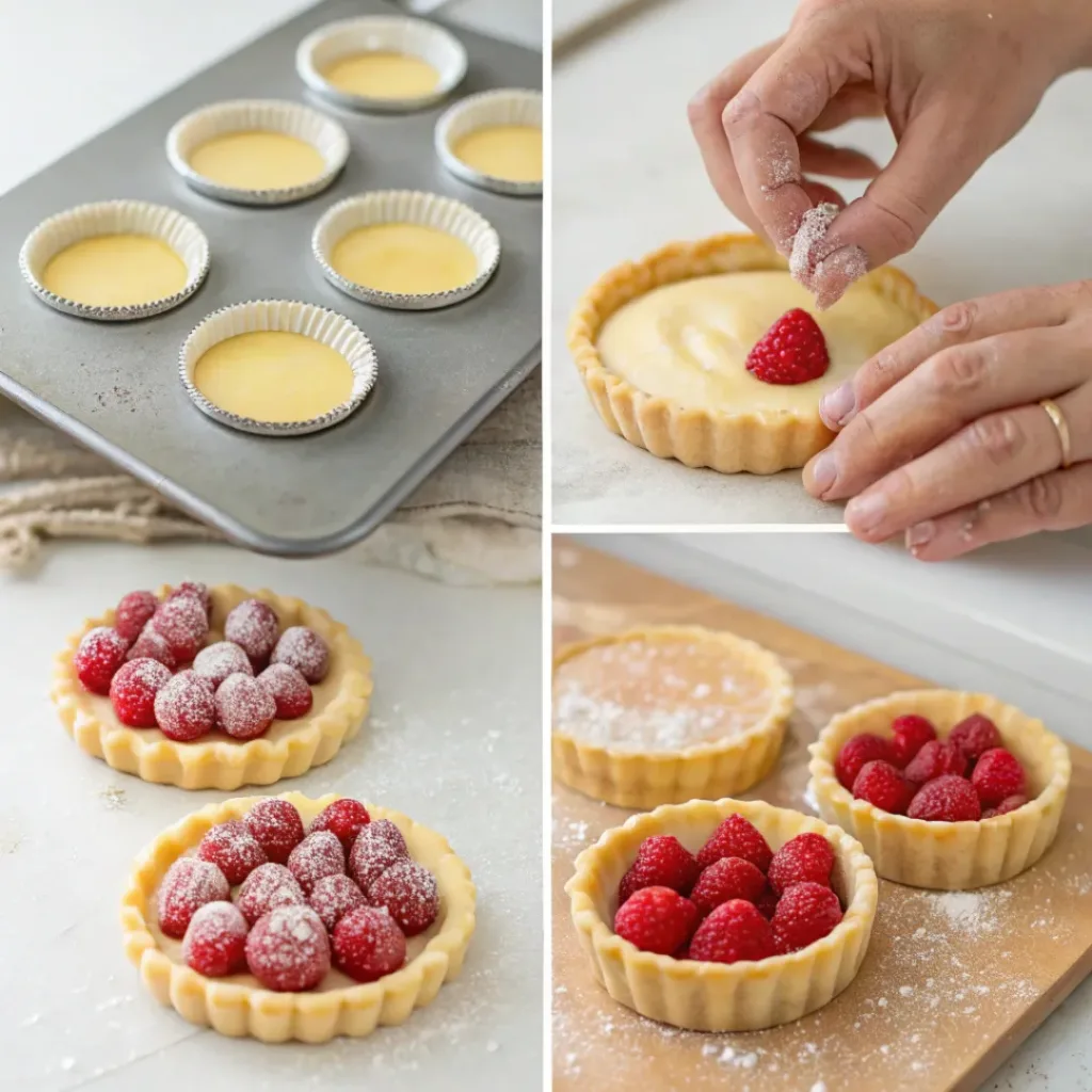 Four-panel collage showing steps to make mini raspberry tarts from dough to topping with raspberries