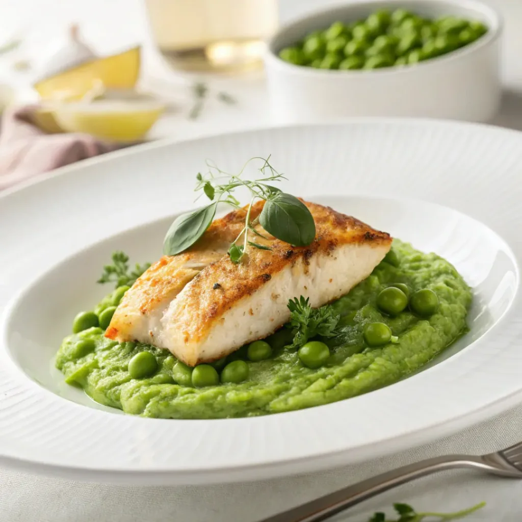 Minted pea purée served under grilled fish