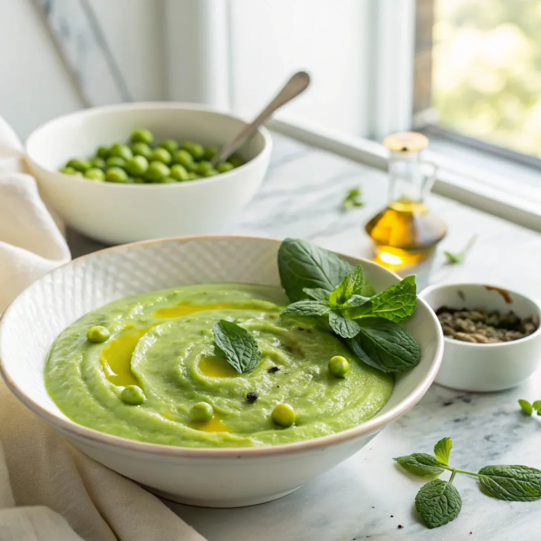 Smooth bright green minted pea purée in white bowl