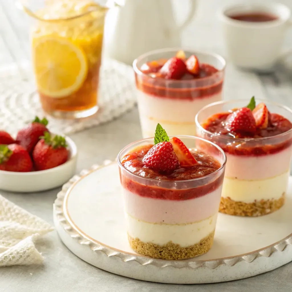 Strawberry lemon cheesecake cups served with drinks on dessert table