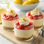 Strawberry lemon cheesecake cups with layered crust, cream, and strawberry topping