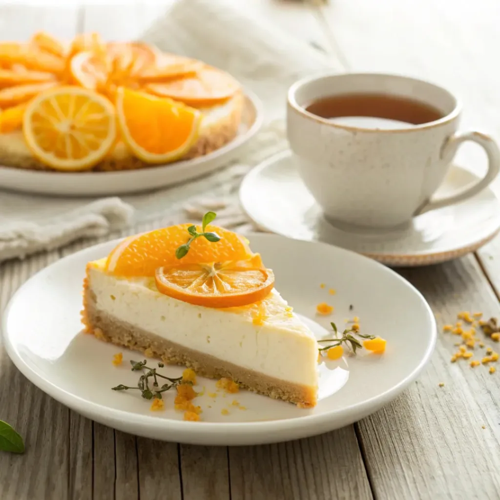 Slice of orange cheesecake garnished with fresh orange slices and zest, served with tea