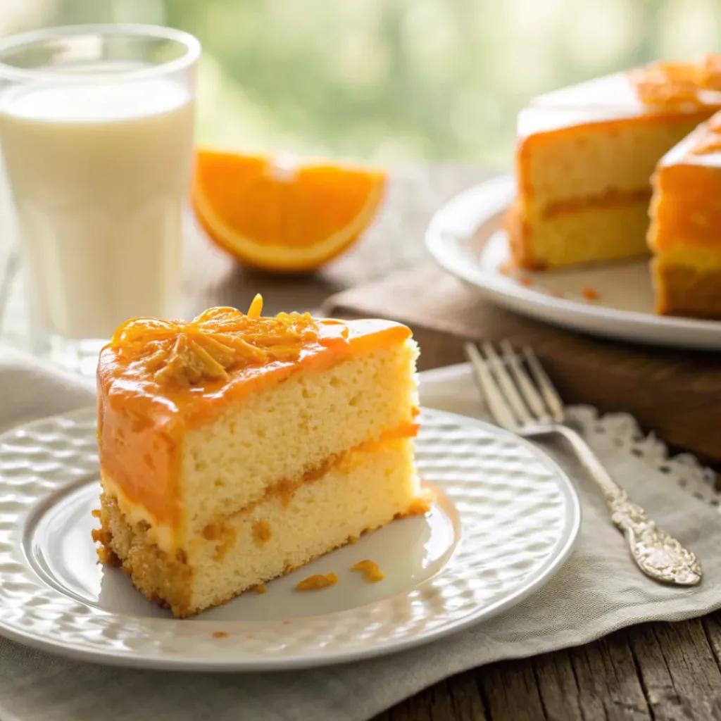 Slice of orange creamsicle cake with orange glaze and zest, served with milk