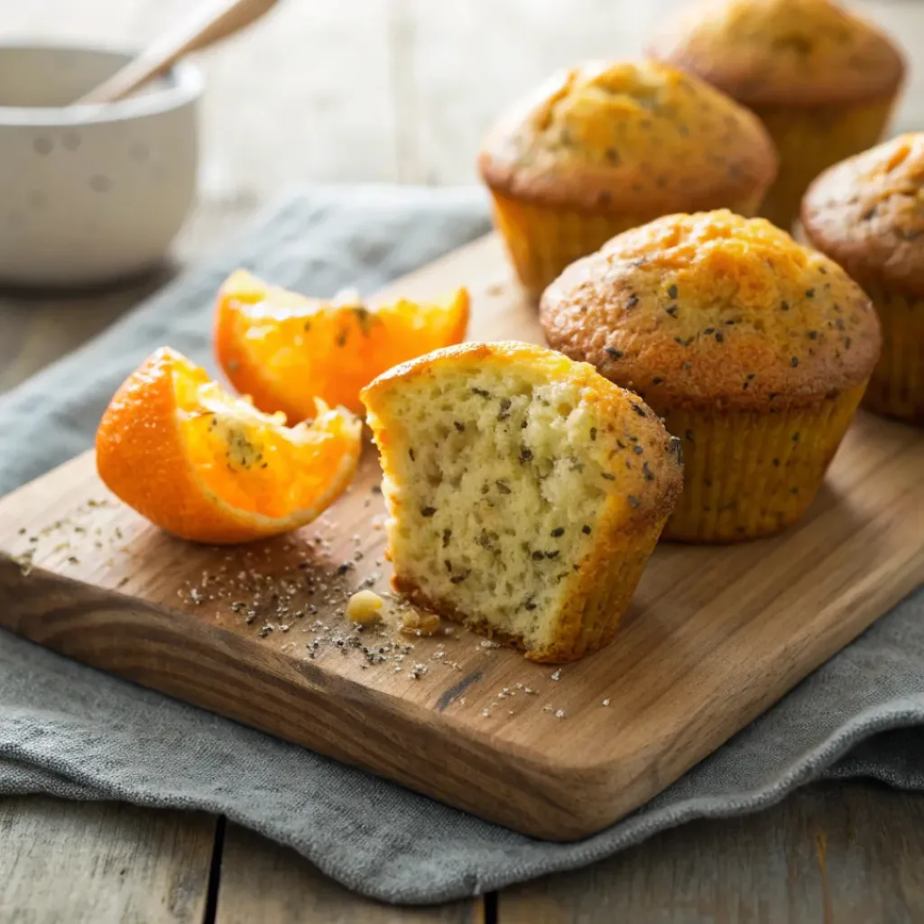 Golden orange poppy seed muffins with bright citrus interior