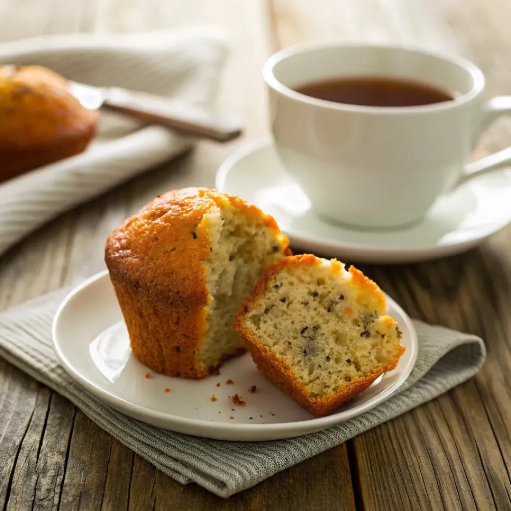 Orange poppy seed muffin cut in half, served with tea or coffee