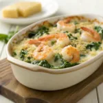 Oven baked shrimp and spinach gratin with golden cheese topping