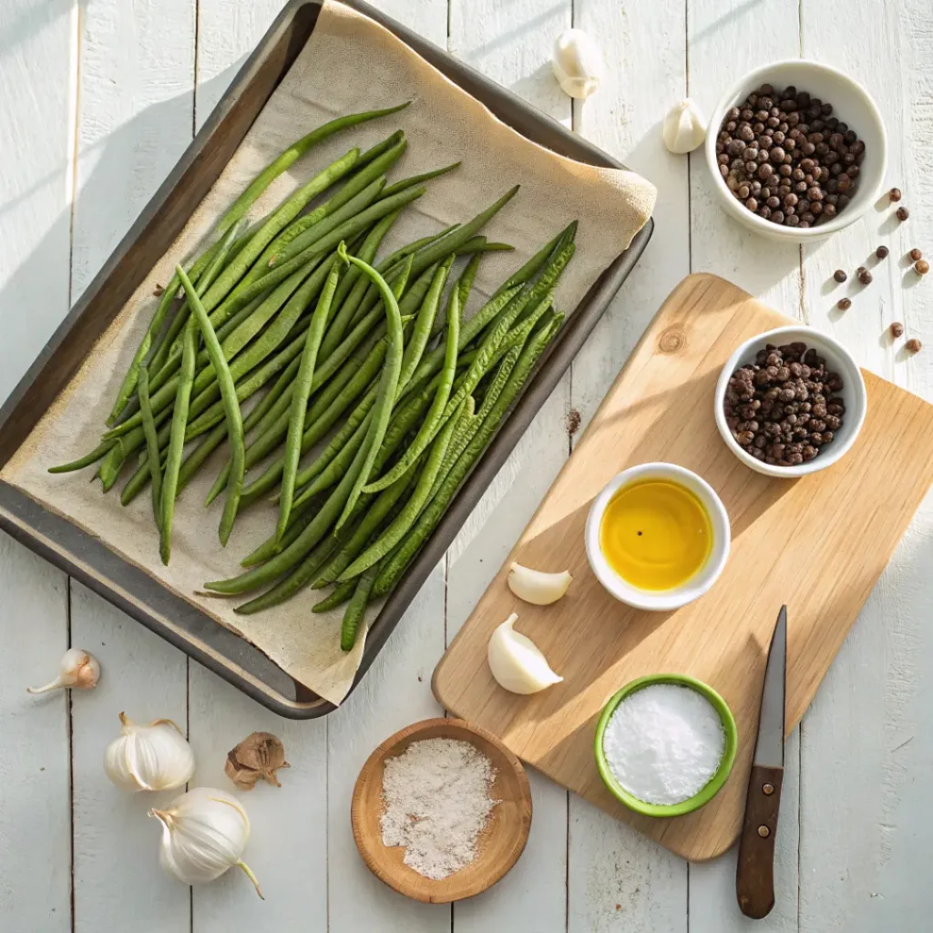 Flat lay of green beans, olive oil, garlic, salt, and pepper
