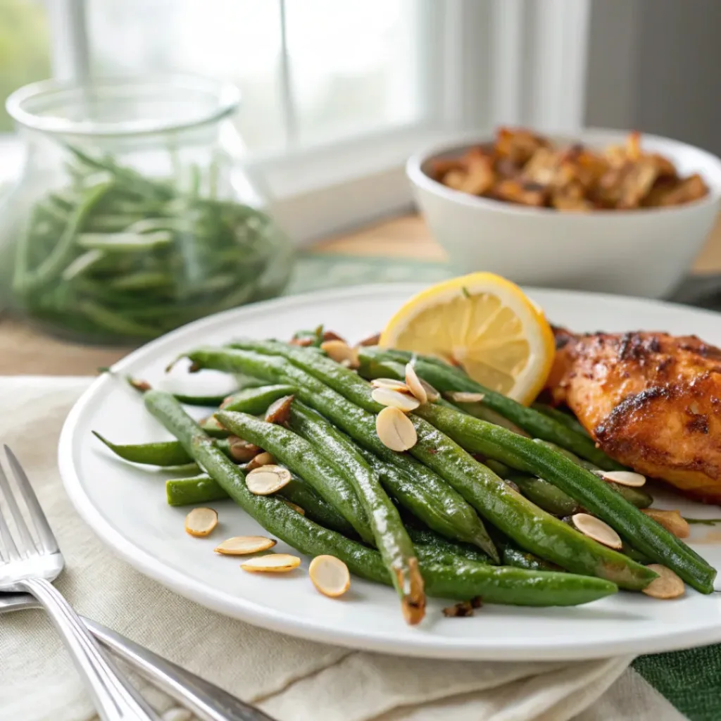 Oven roasted green beans served with almonds or lemon zest, paired with meat