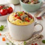 Fluffy omelet in a mug with vegetables, cheese, and herbs