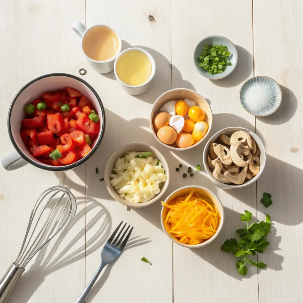 Overloaded Omelet in a Mug Ingredients Flat Lay