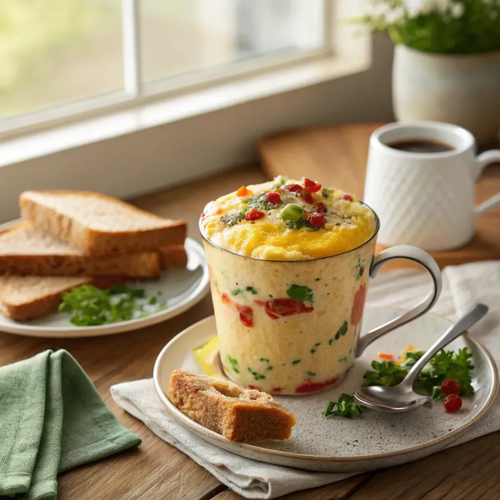 Fluffy omelet in a mug with vegetables and cheese served with toast