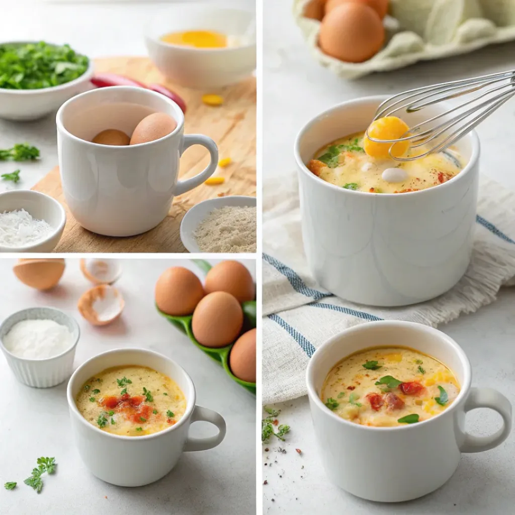 Four-panel collage showing whisking eggs, adding vegetables and cheese, microwaving, and serving omelet in a mug