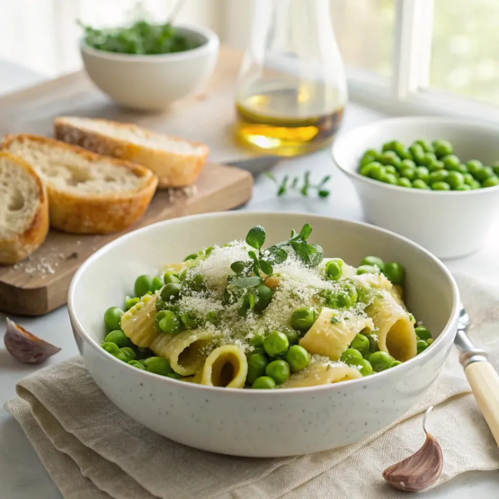Pea pasta served with Parmesan, fresh herbs, and a side of garlic bread