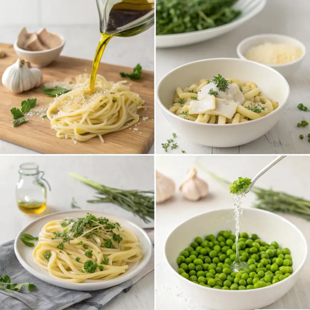 collage showing prepping ingredients, cooking pasta, sautéing peas, and plating