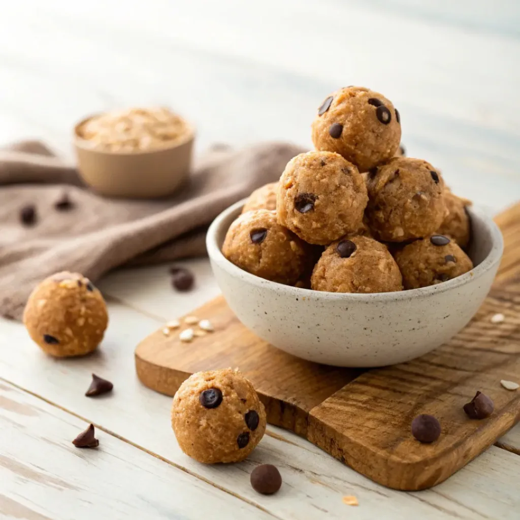 Bowl of peanut butter chocolate chip protein balls