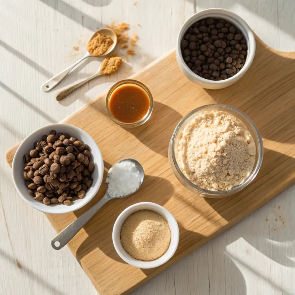Flat lay of peanut butter, oats, chocolate chips, honey, and protein powder