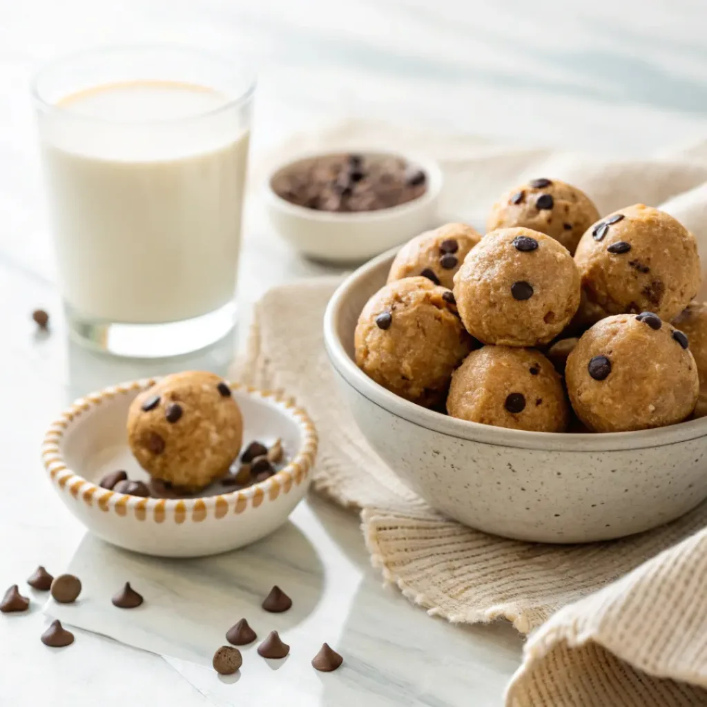 Peanut butter chocolate chip protein balls served with mini chocolate chips on top