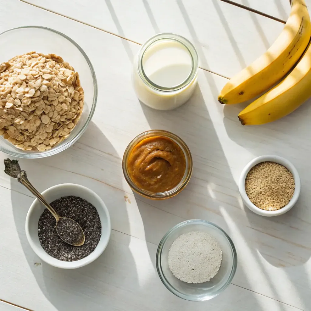 Flat lay of oats, peanut butter, banana, milk, and honey for overnight oats