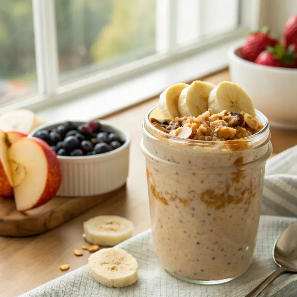 Peanut butter overnight oats topped with banana and peanuts served for breakfast
