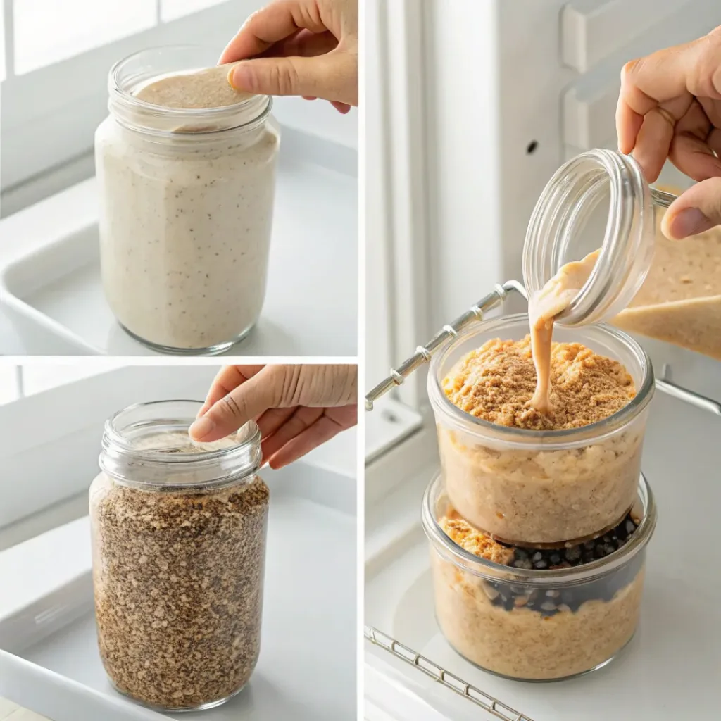 Four-panel collage showing adding oats, mixing peanut butter, stirring, and chilling overnight oats