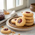 Peanut butter cookies with jelly-filled centers stacked on a plate