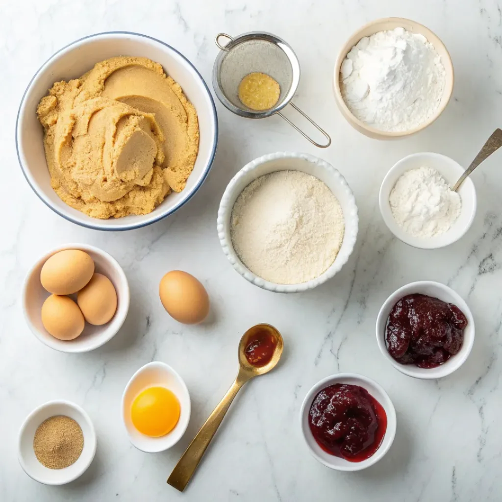 Peanut Butter and Jelly Cookies – Soft & Sweet Classic Treat 6 Flat lay of peanut butter and jelly cookie ingredients including peanut butter, flour, sugar, eggs, and jelly