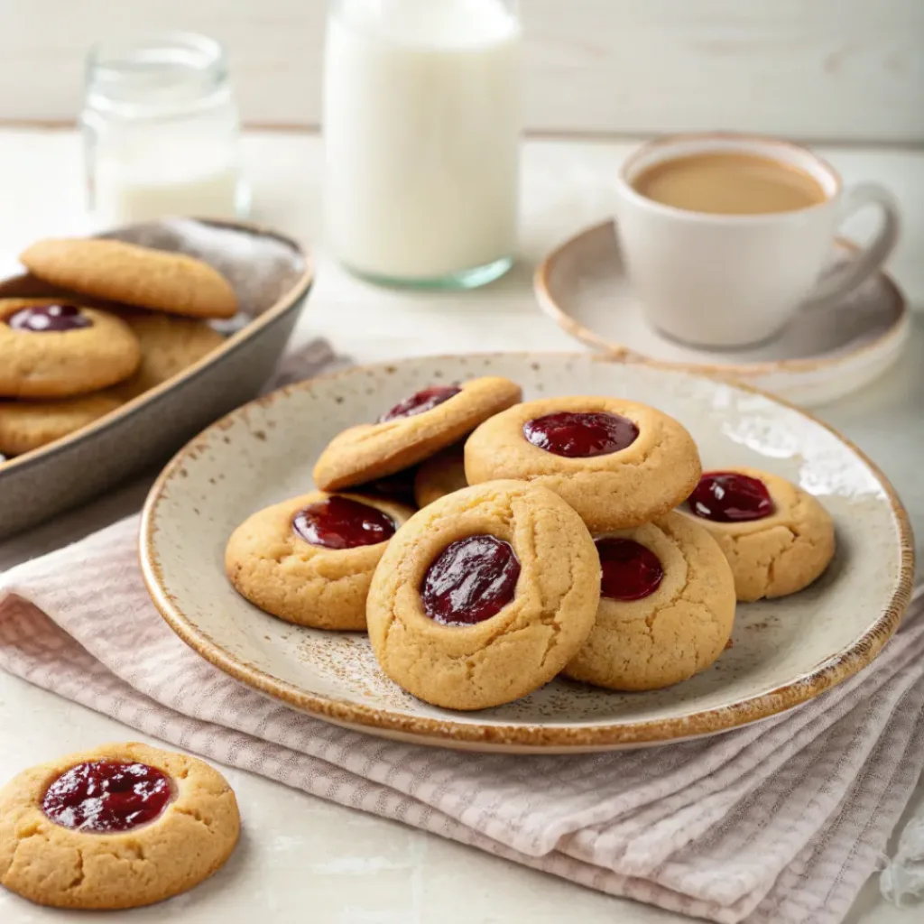 Peanut Butter and Jelly Cookies – Soft & Sweet Classic Treat 8 Peanut butter and jelly cookies served on a plate with visible jam centers