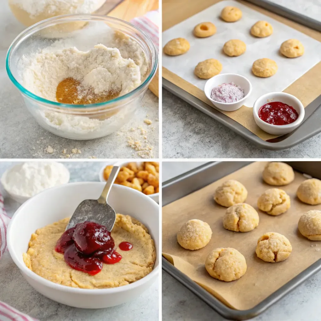 Peanut Butter and Jelly Cookies – Soft & Sweet Classic Treat 7 Four-panel collage showing mixing cookie dough, forming cookies, filling with jelly, and baking